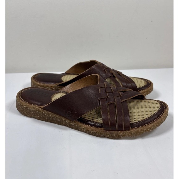 Born Shoes - Born Womens 7 Cross Cross Slip On MLAS Brown Leather Slides Flats Casual Comfort